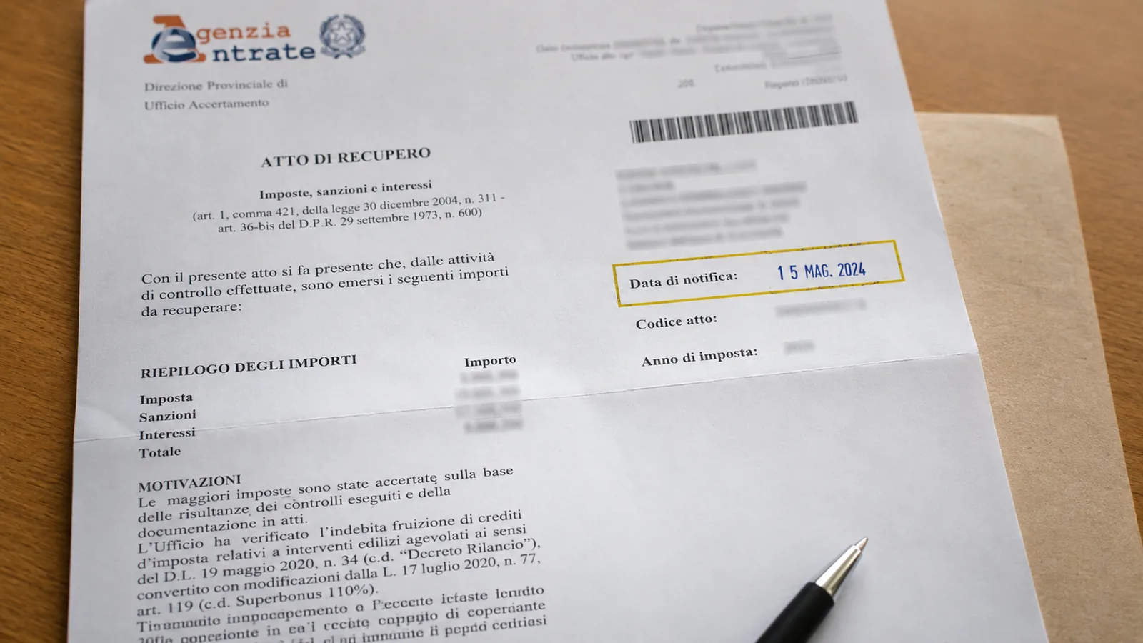 Atto di recupero dell'Agenzia delle Entrate con la data di notifica in evidenza