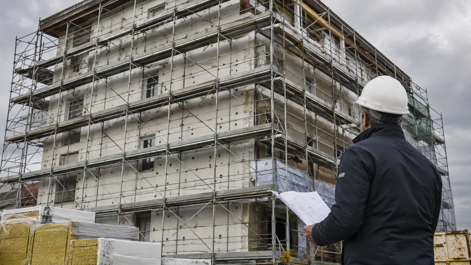 Ponteggio su un condominio con cappotto termico in lavorazione