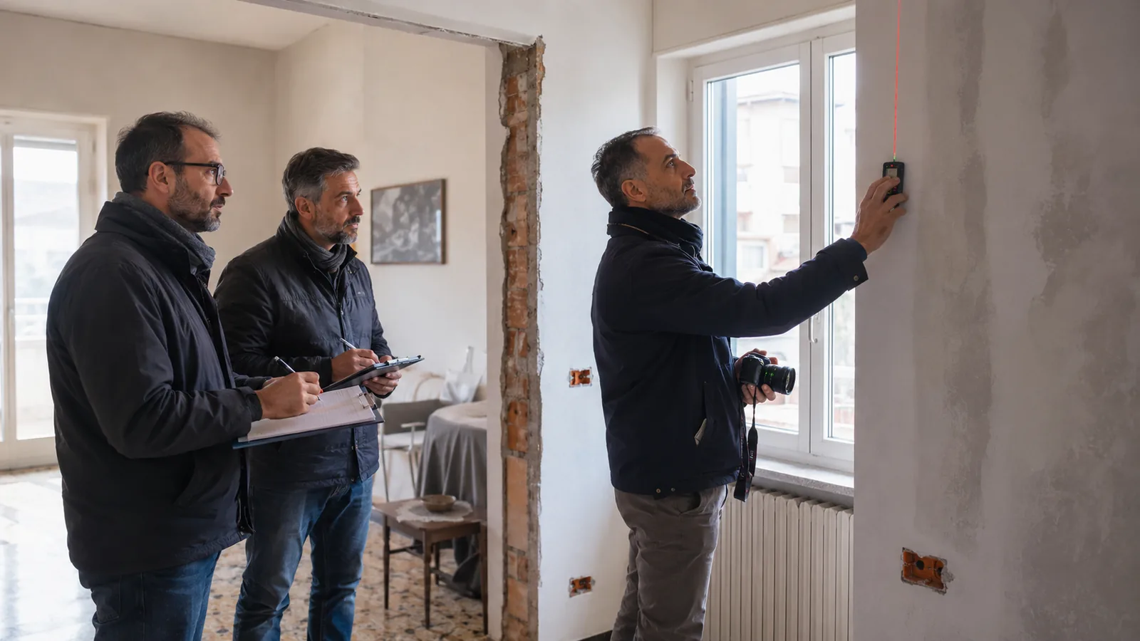 Sopralluogo peritale in un appartamento: consulente con metro laser e macchina fotografica, due tecnici di parte prendono appunti