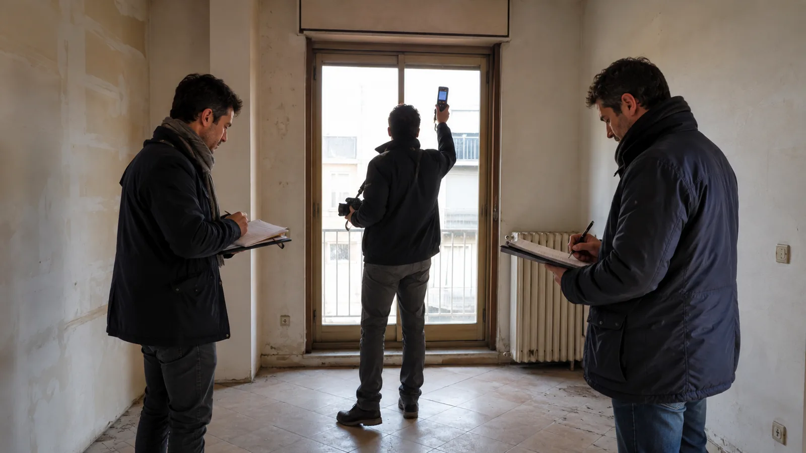 Sopralluogo peritale in un appartamento: consulente con metro laser e macchina fotografica, due tecnici di parte prendono appunti