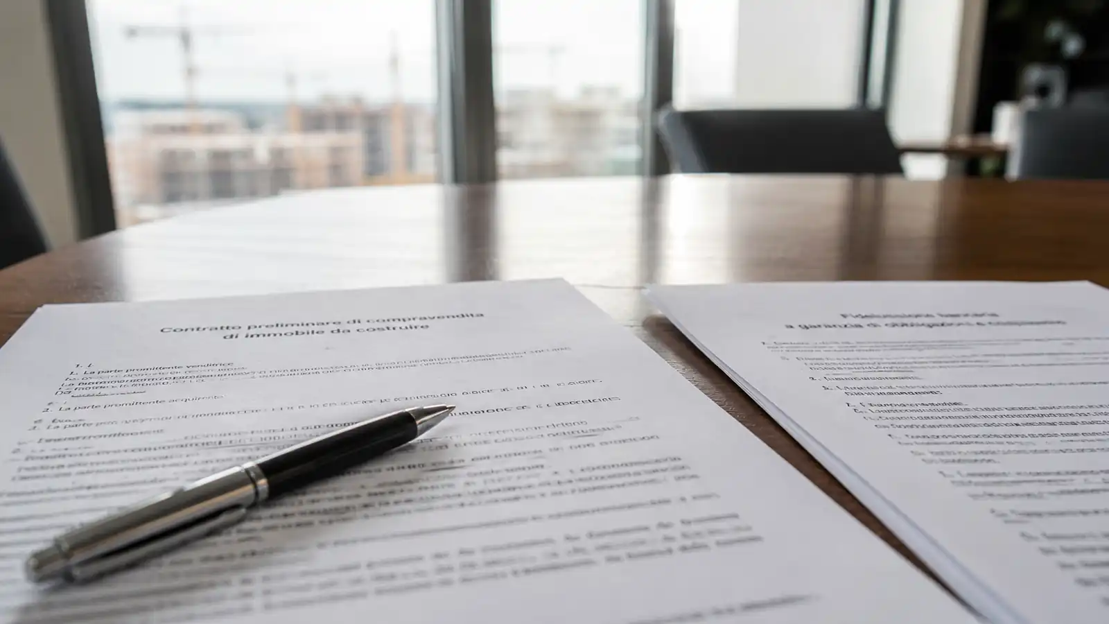 Contratto preliminare di vendita di immobile da costruire sul tavolo con la fideiussione bancaria allegata