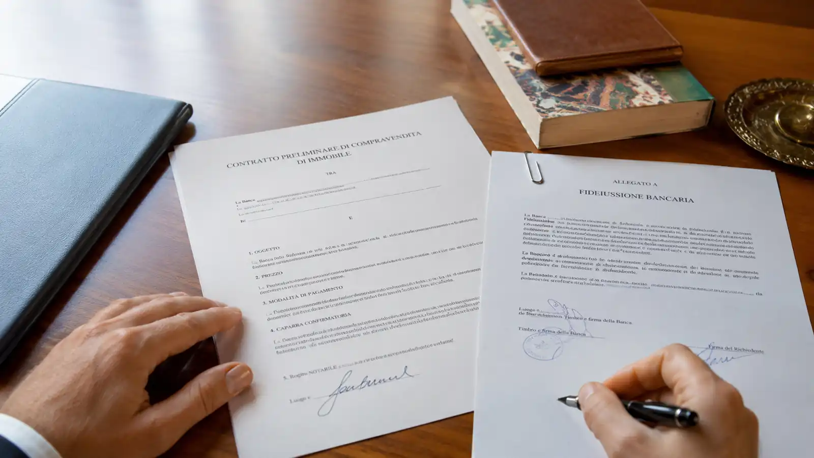 Contratto preliminare di vendita di immobile da costruire sul tavolo con la fideiussione bancaria allegata