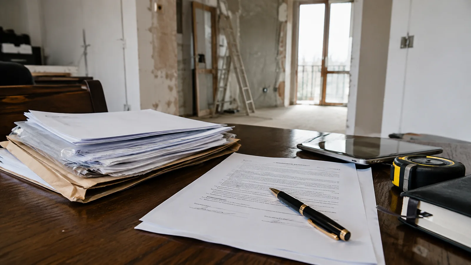 Contratto di ristrutturazione firmato sul tavolo di casa, con il plico dei documenti