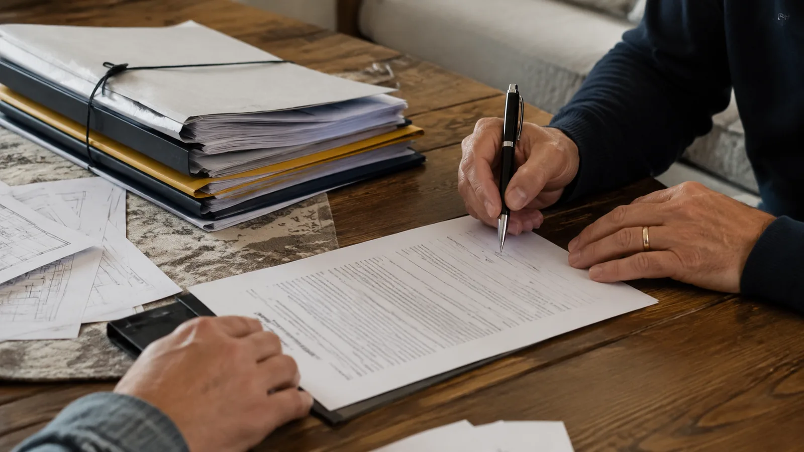 Contratto di ristrutturazione firmato sul tavolo di casa, con il plico dei documenti