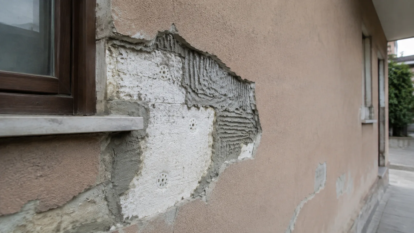 Distacco della rasatura di un cappotto termico su un prospetto condominiale