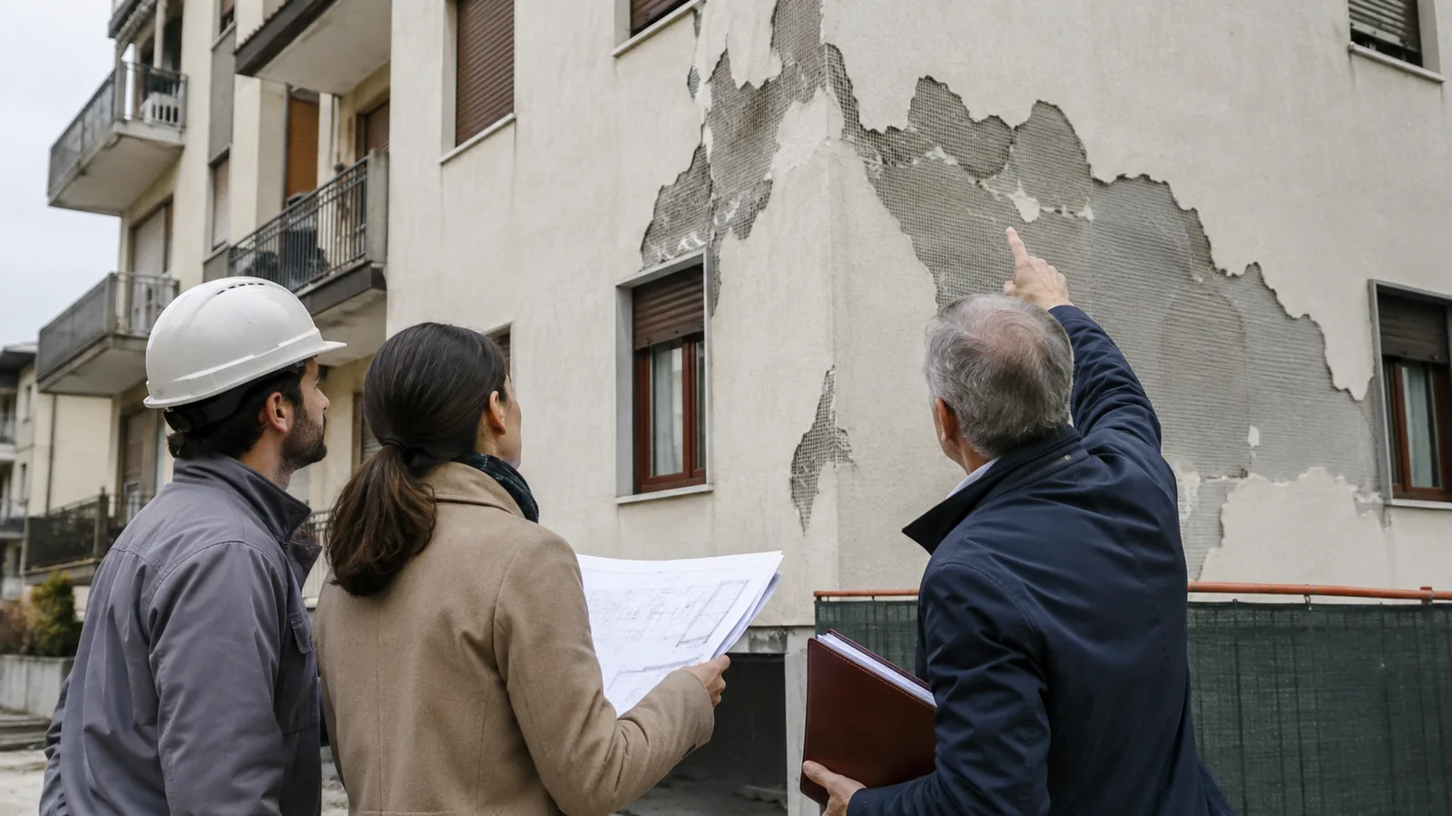 Distacco della rasatura di un cappotto termico su un prospetto condominiale