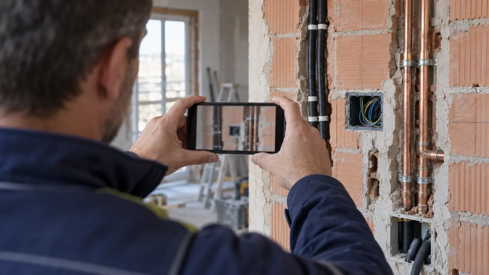 Capocantiere in un appartamento in ristrutturazione che fotografa con lo smartphone le tracce degli impianti prima della chiusura con l'intonaco