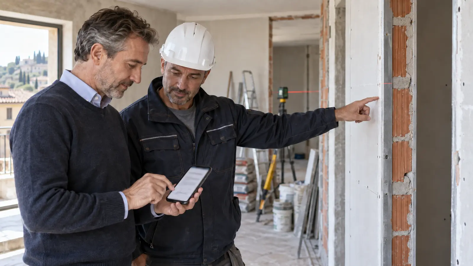 Committente che firma sullo smartphone un documento di variante mentre il capocantiere indica una parete in costruzione