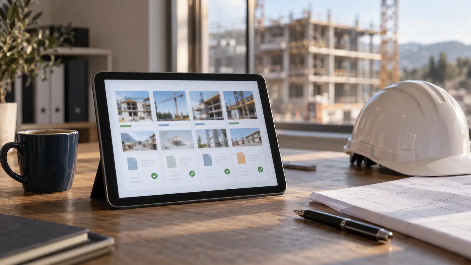 Ufficio di un'impresa edile con un tablet aperto sulla scheda di una commessa: elenco di SAL firmati, varianti, foto del cantiere e documenti