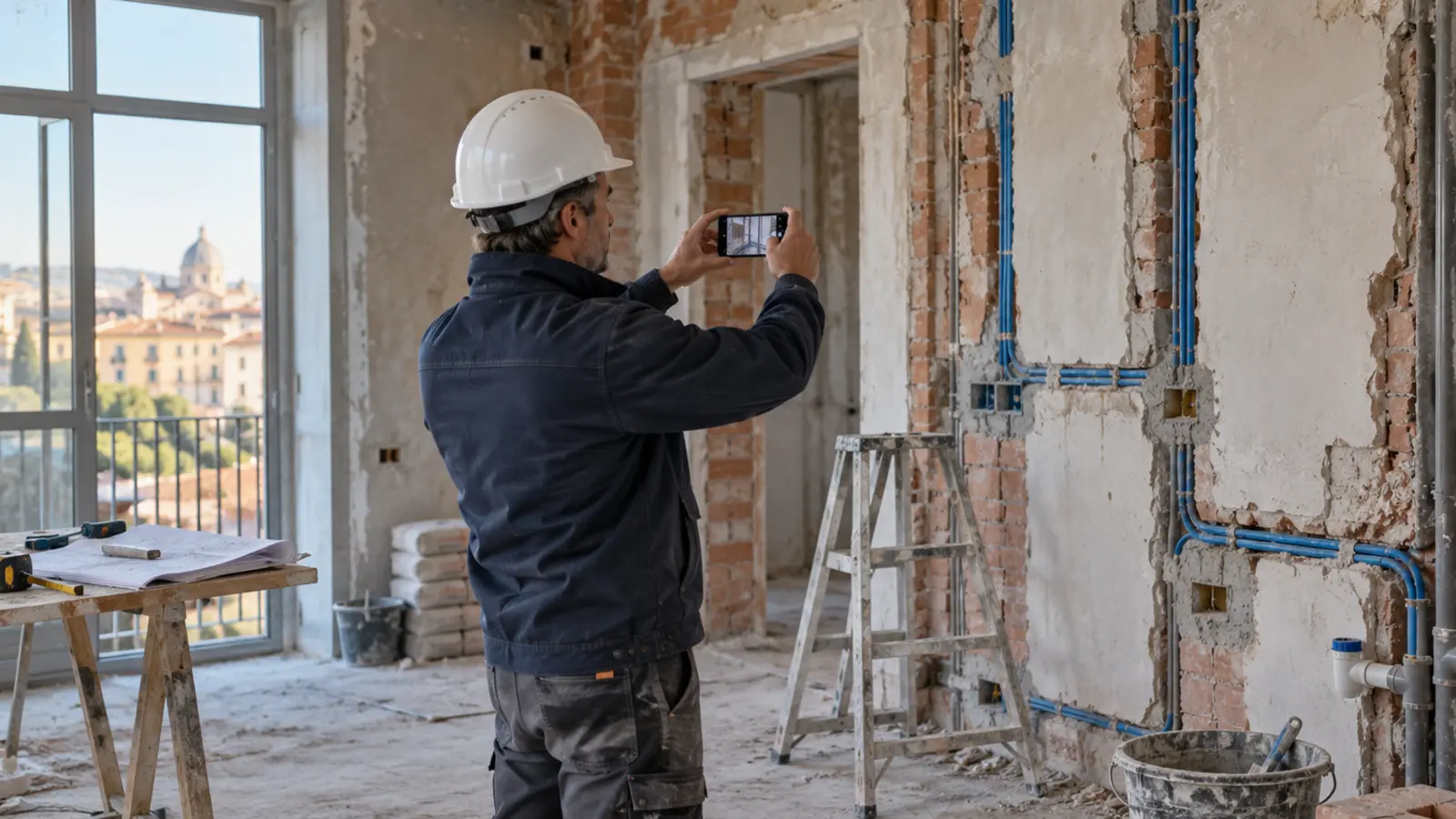 Capocantiere in un appartamento in ristrutturazione che fotografa con lo smartphone le tracce degli impianti prima della chiusura con l'intonaco
