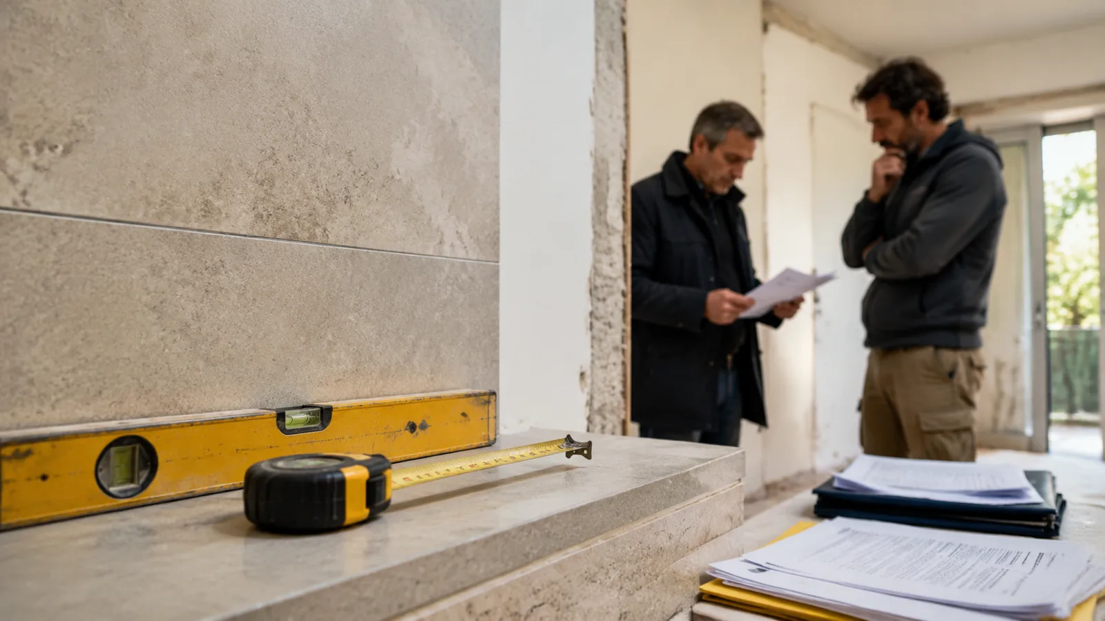 Dettaglio di una finitura contestata, con metro e livella appoggiati