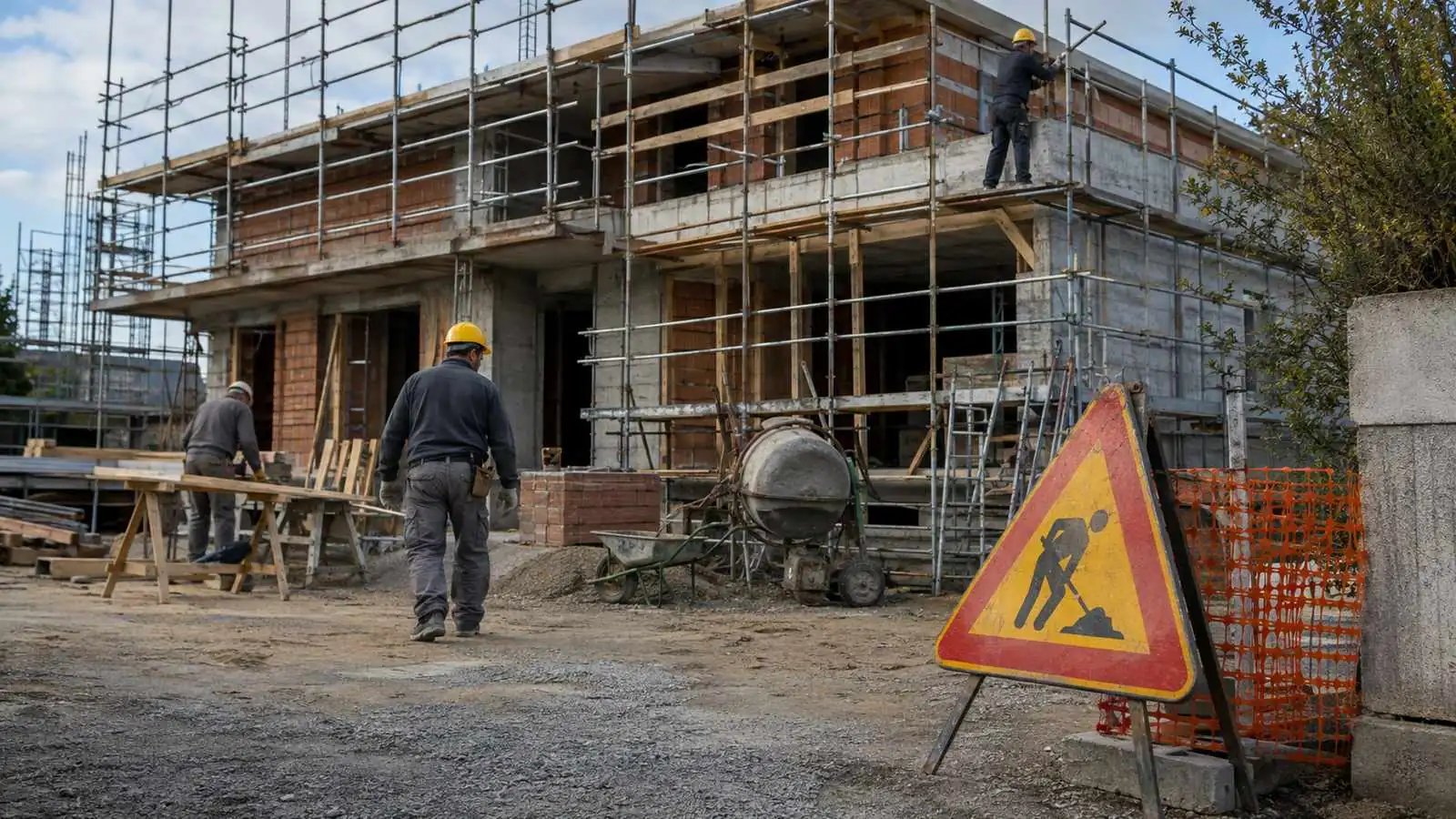 Cantiere edile con squadra di operai al lavoro e cartello di cantiere in primo piano