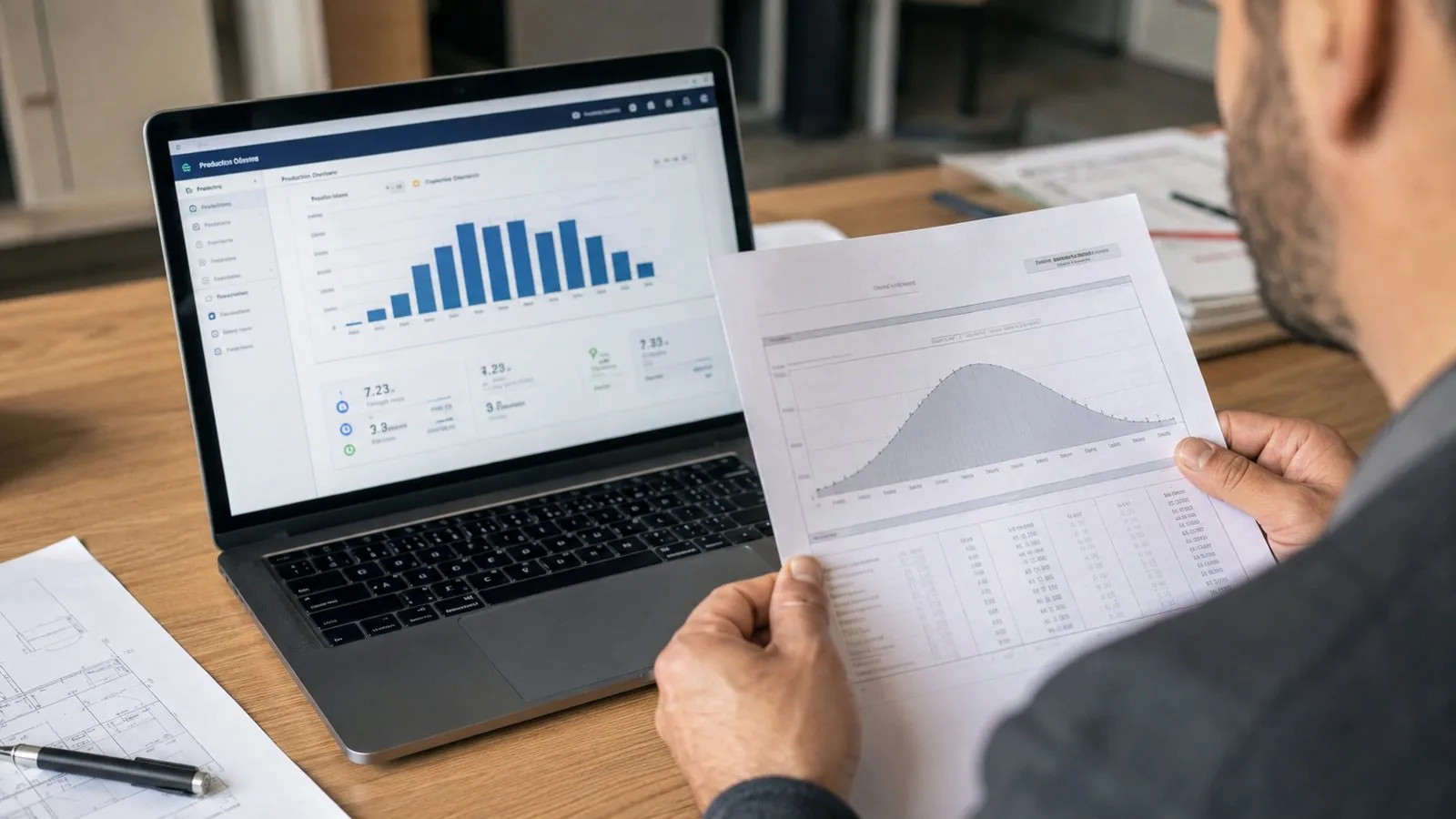 Schermata del portale di monitoraggio dell'inverter con il grafico della produzione mensile, affiancata al prospetto cartaceo di producibilità consegnato alla firma