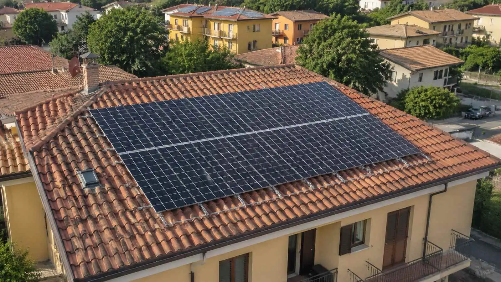 Tetto a falda in tegole con moduli fotovoltaici installati e staffe di fissaggio in vista, fotografato dall'alto in una giornata limpida