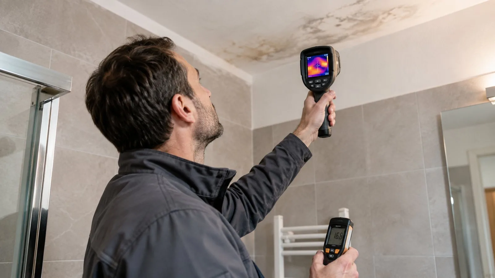 Tecnico con termocamera e umidimetro che documenta una macchia di infiltrazione sul soffitto di un bagno ristrutturato