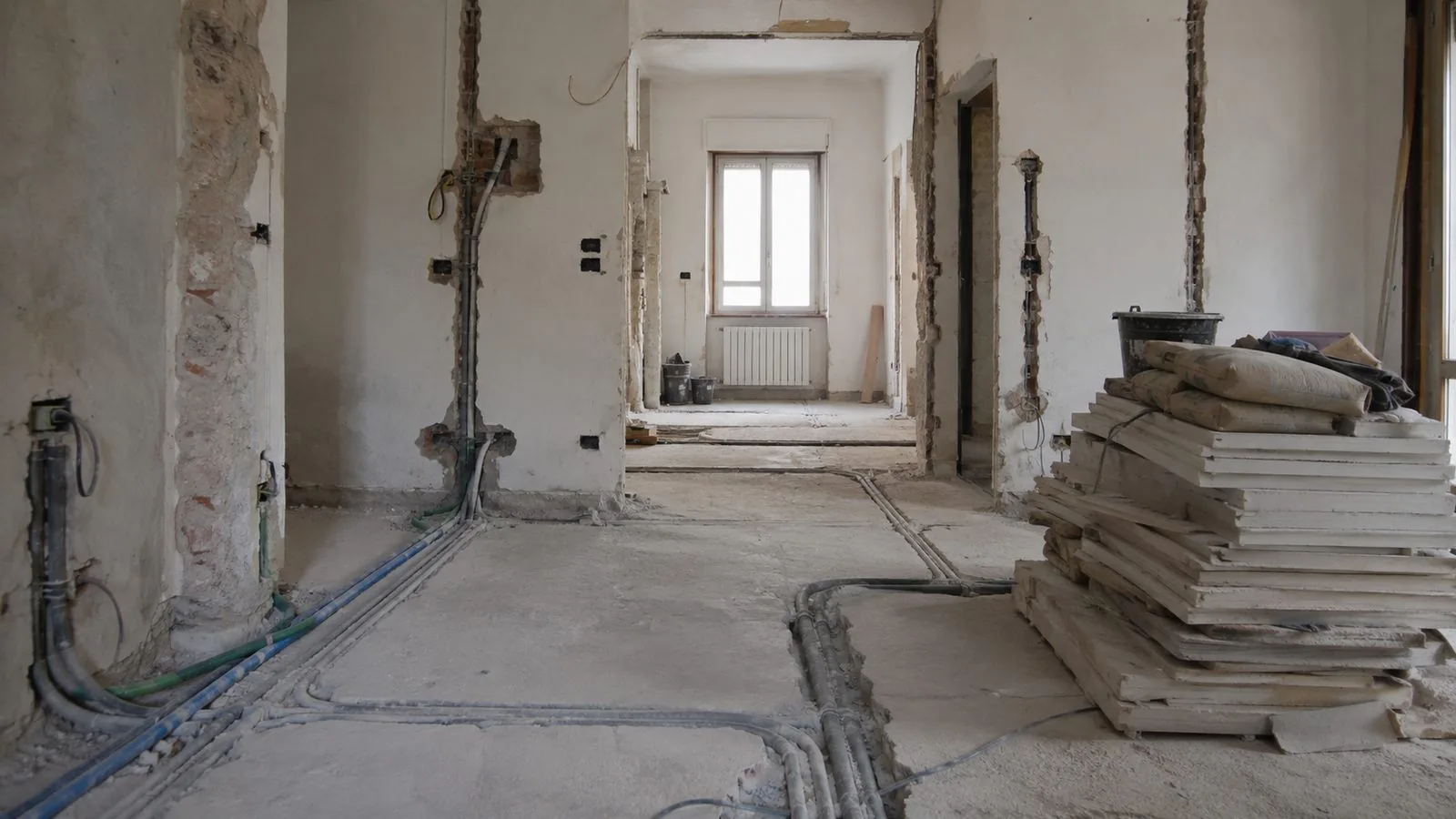 Appartamento in ristrutturazione a lavori fermi: pavimento sventrato, tracce impiantistiche aperte nei muri e materiali accatastati