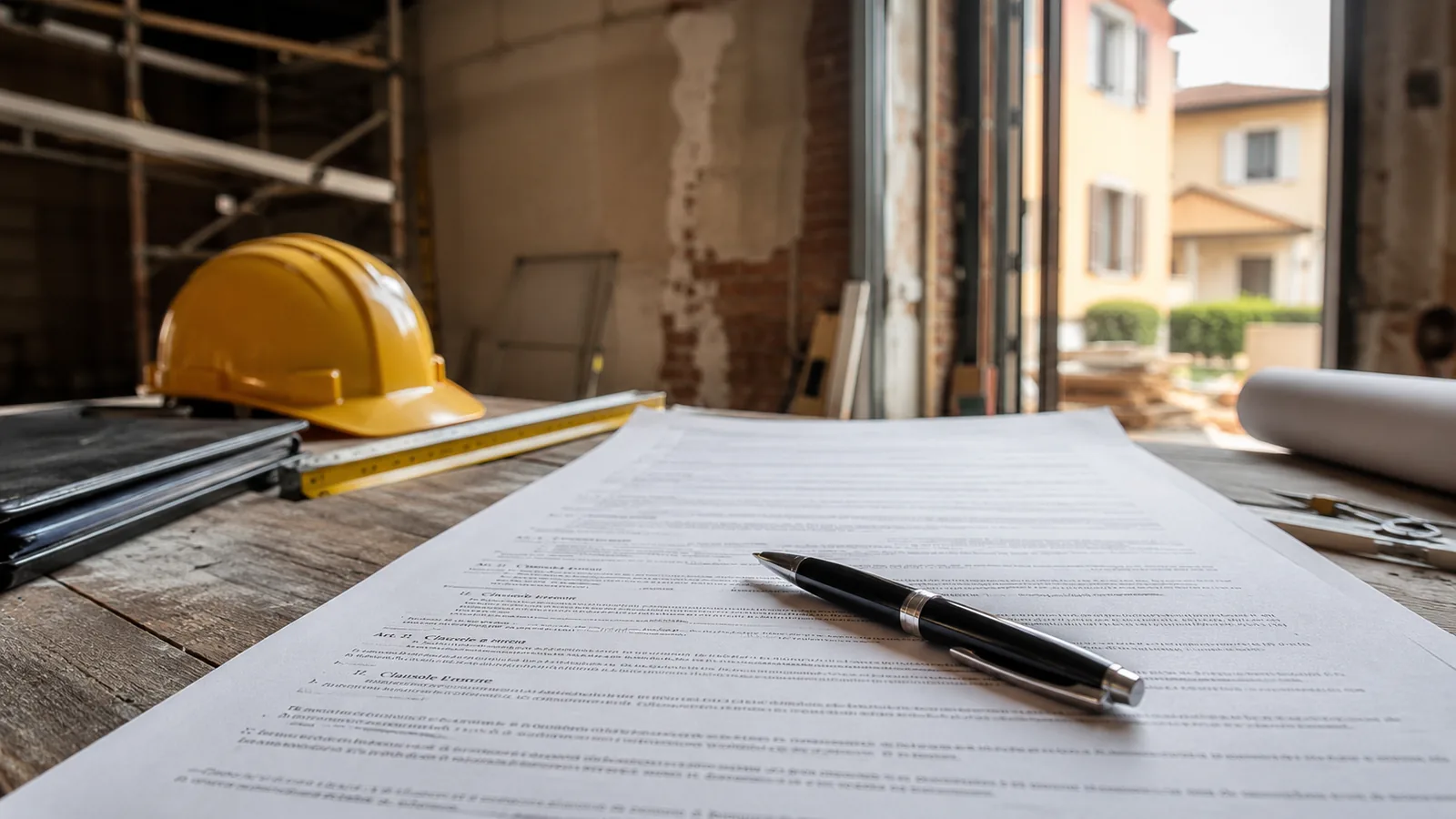 Contratto d'appalto sul tavolo, penna appoggiata sulla pagina delle clausole