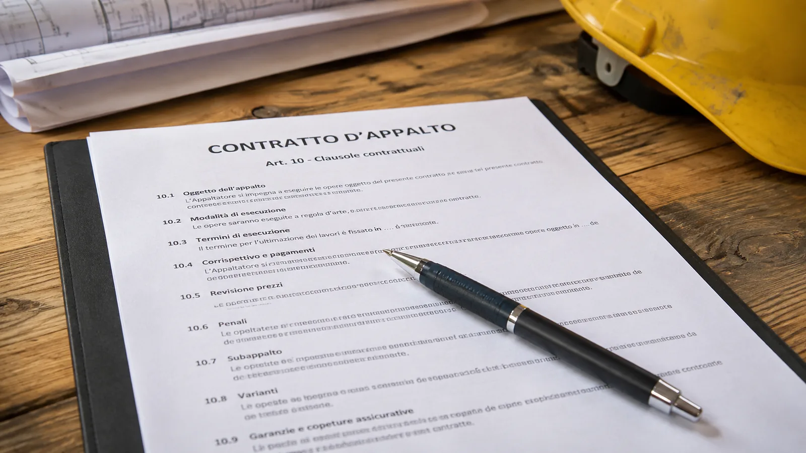 Contratto d'appalto sul tavolo, penna appoggiata sulla pagina delle clausole