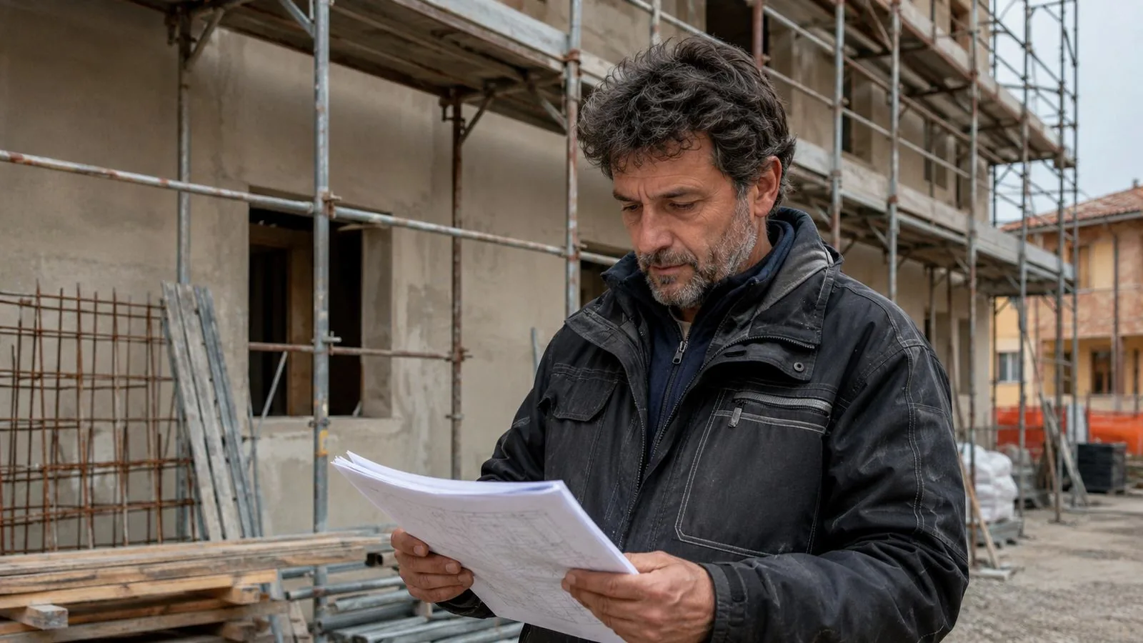 Artigiano con il contratto di subappalto in mano davanti a un cantiere con ponteggi montati