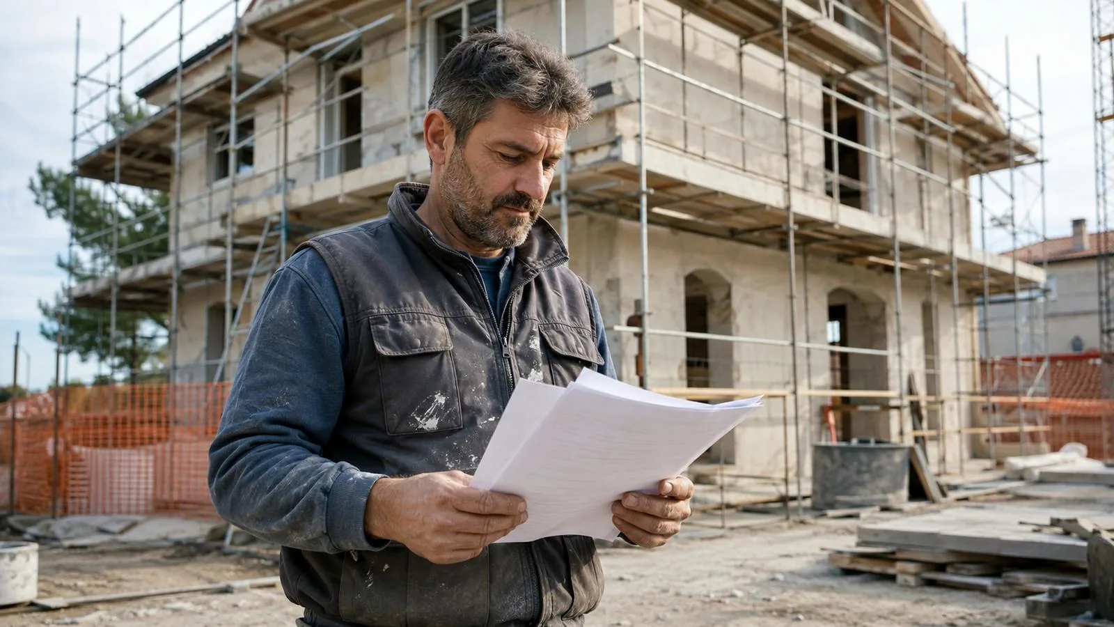 Artigiano con il contratto di subappalto in mano davanti a un cantiere con ponteggi montati