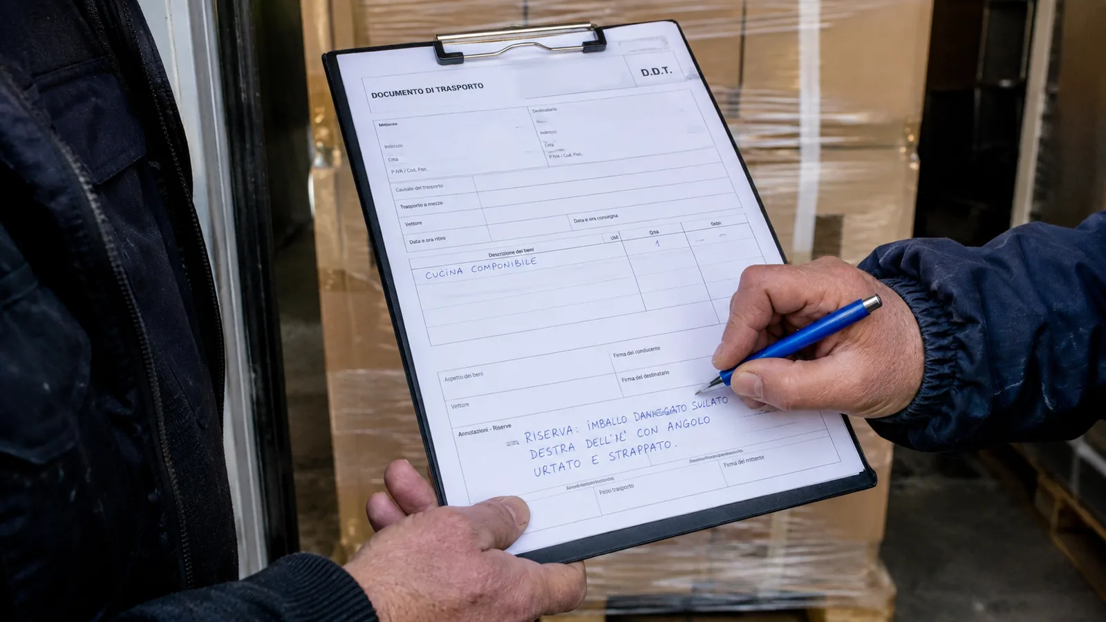 Documento di trasporto firmato con la riserva scritta a mano