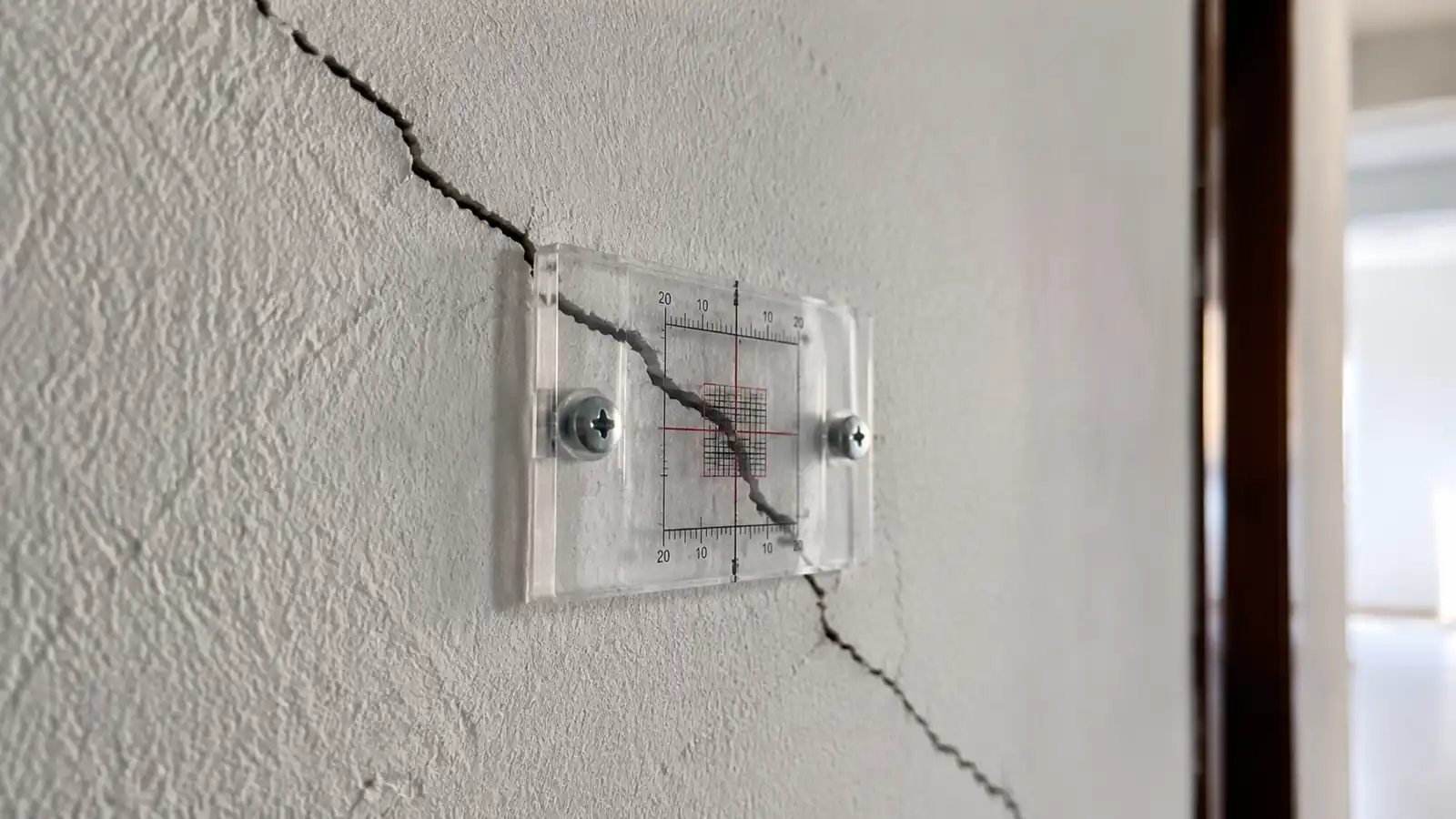 Crepa diagonale su una parete interna con fessurimetro a vetrino applicato per monitorarne l'evoluzione