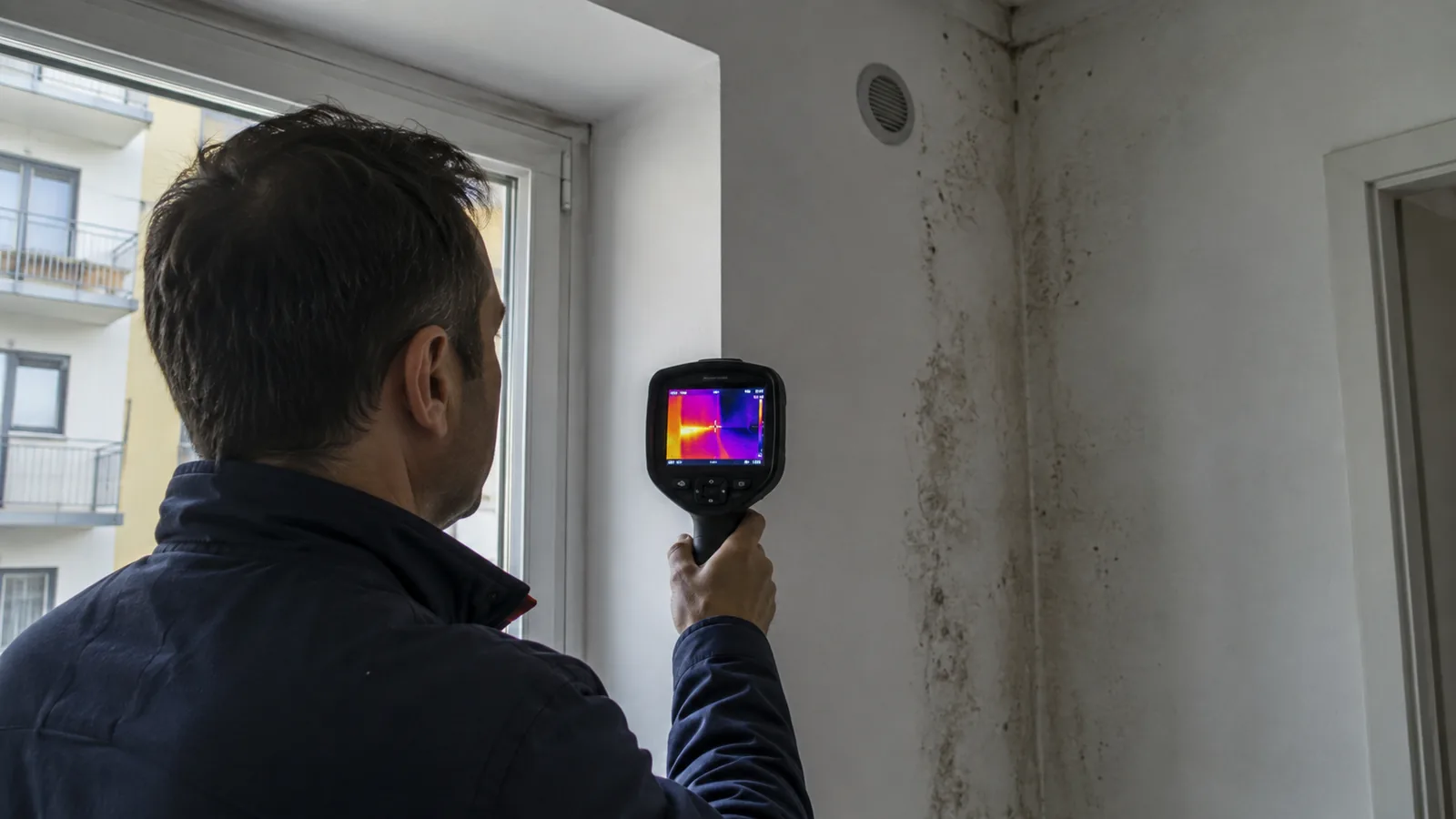 Tecnico che esegue un rilievo con termocamera in un appartamento