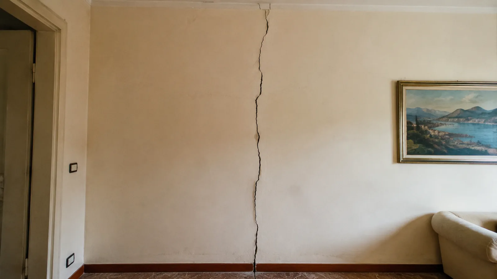 Parete di un soggiorno con una crepa verticale che attraversa l'intonaco dal soffitto al battiscopa, luce radente