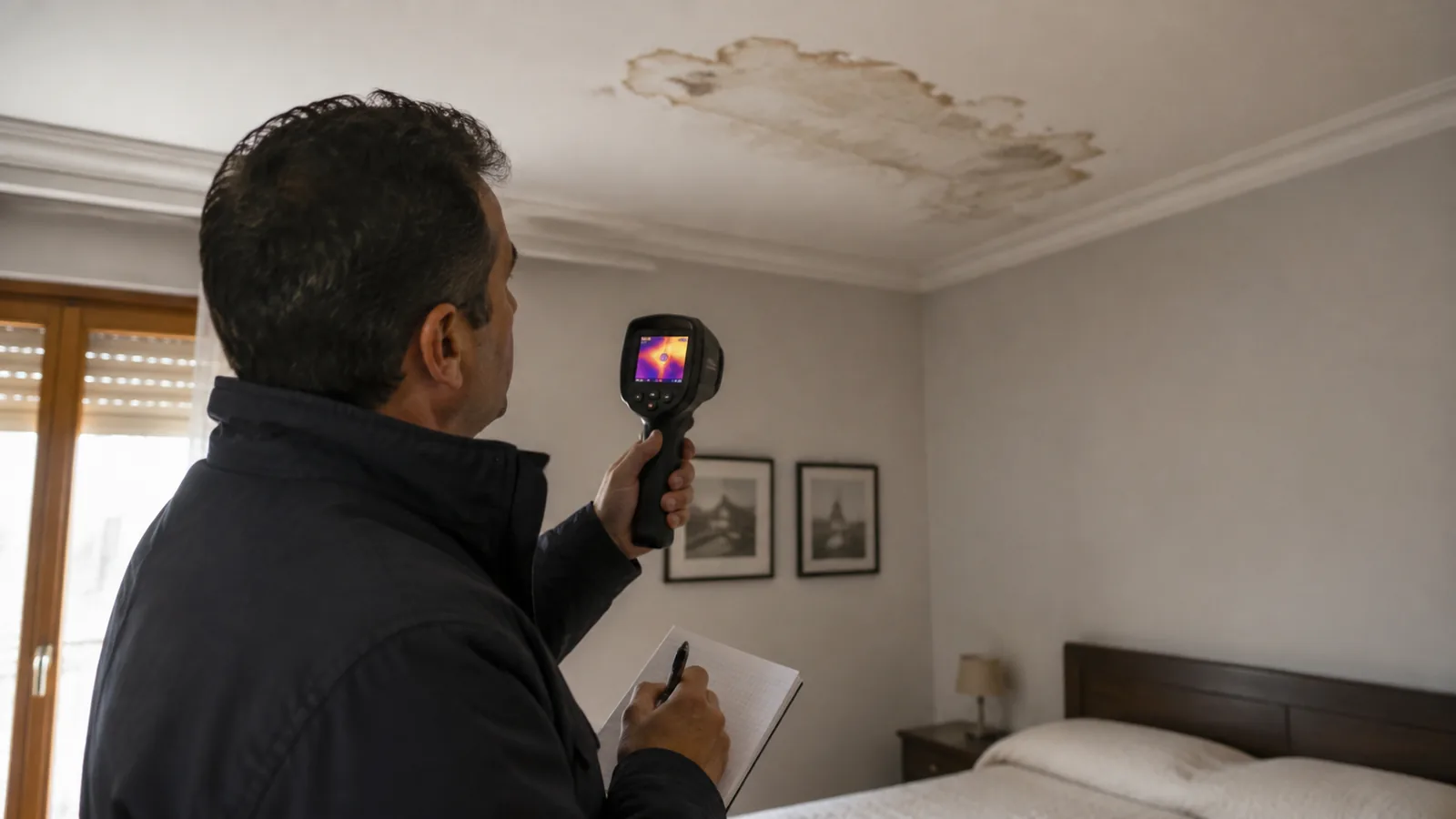 Tecnico con termocamera e taccuino rileva una macchia di umidità sul soffitto di una camera da letto