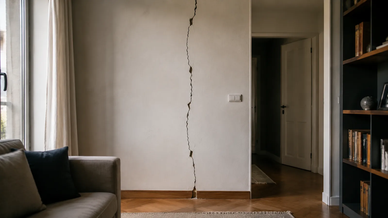 Parete di un soggiorno con una crepa verticale che attraversa l'intonaco dal soffitto al battiscopa, luce radente