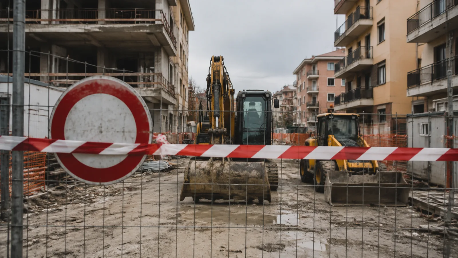 Cantiere fermo con nastro di delimitazione e mezzi inattivi