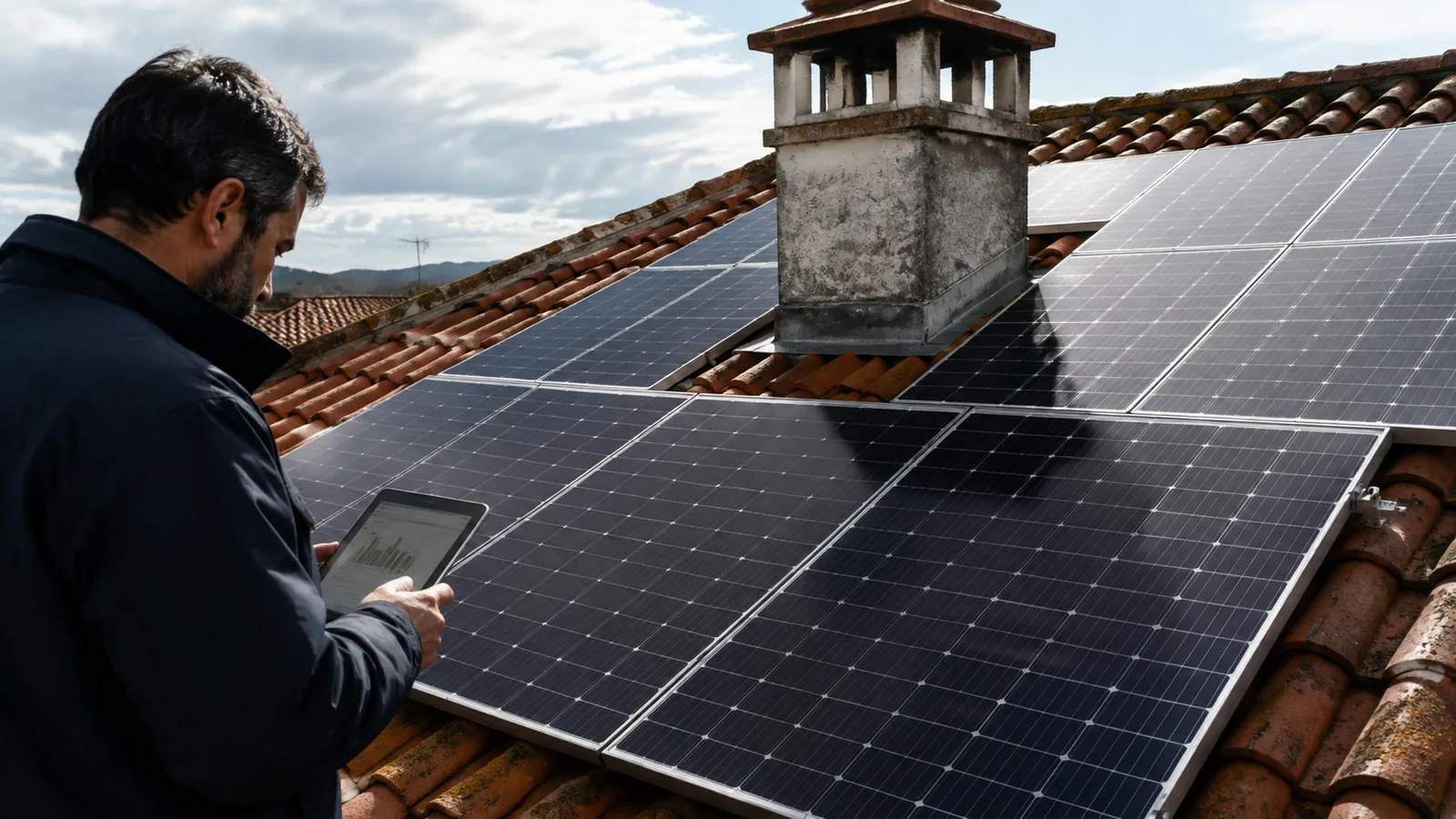 Impianto fotovoltaico su tetto a falda, con ombreggiamento parziale del camino