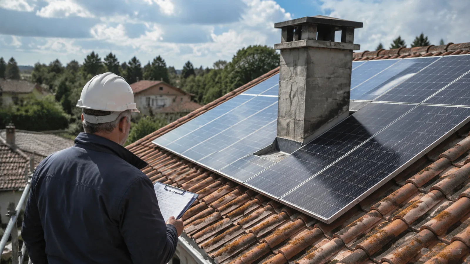 Impianto fotovoltaico su tetto a falda, con ombreggiamento parziale del camino