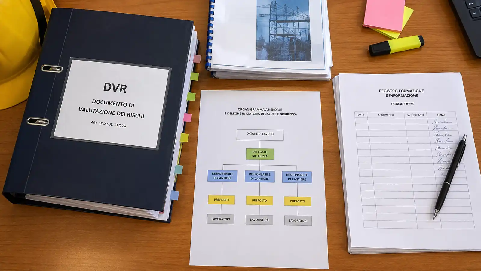 Scrivania con documenti della sicurezza aziendale: DVR, verbali di formazione firmati e organigramma delle deleghe
