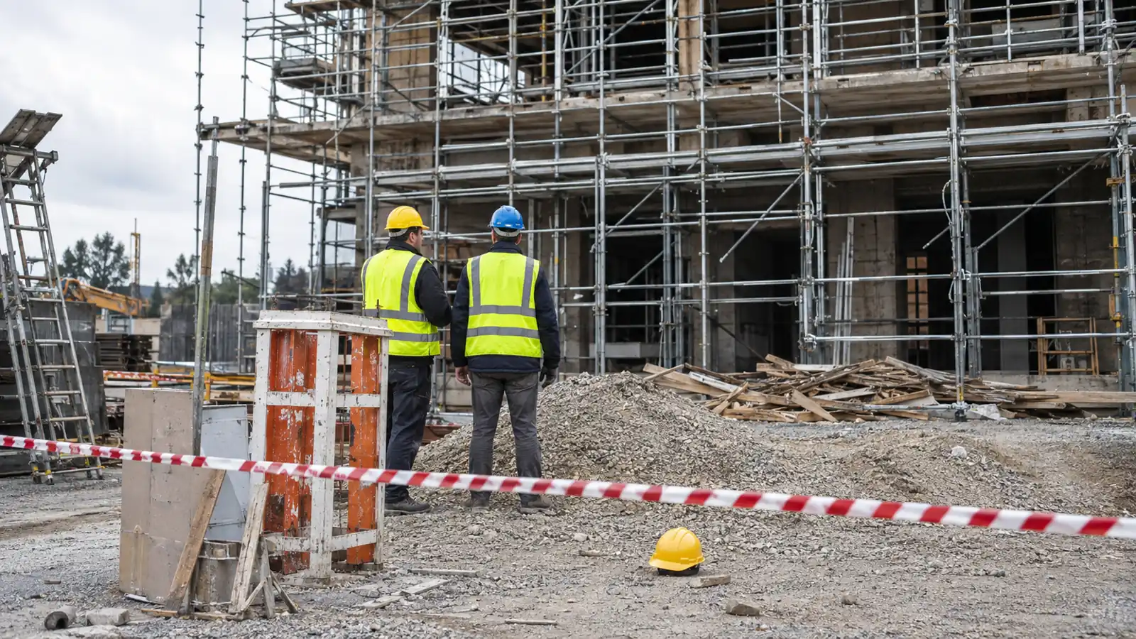 Cantiere edile con area delimitata da nastro bianco e rosso dopo un infortunio, ponteggio sullo sfondo