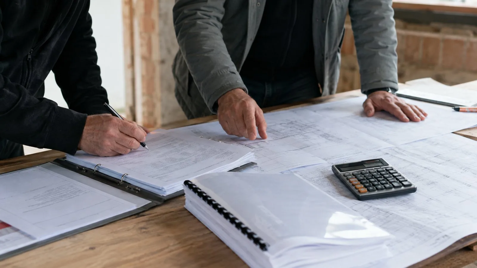 Tavolo di cantiere con il conto finale, la memoria di quantificazione delle riserve e una calcolatrice