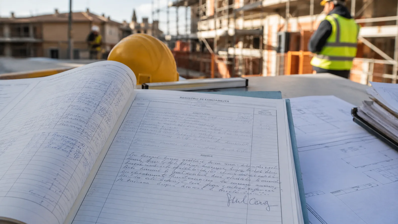 Registro di contabilità di cantiere aperto con la firma dell'impresa e l'annotazione manoscritta con riserva