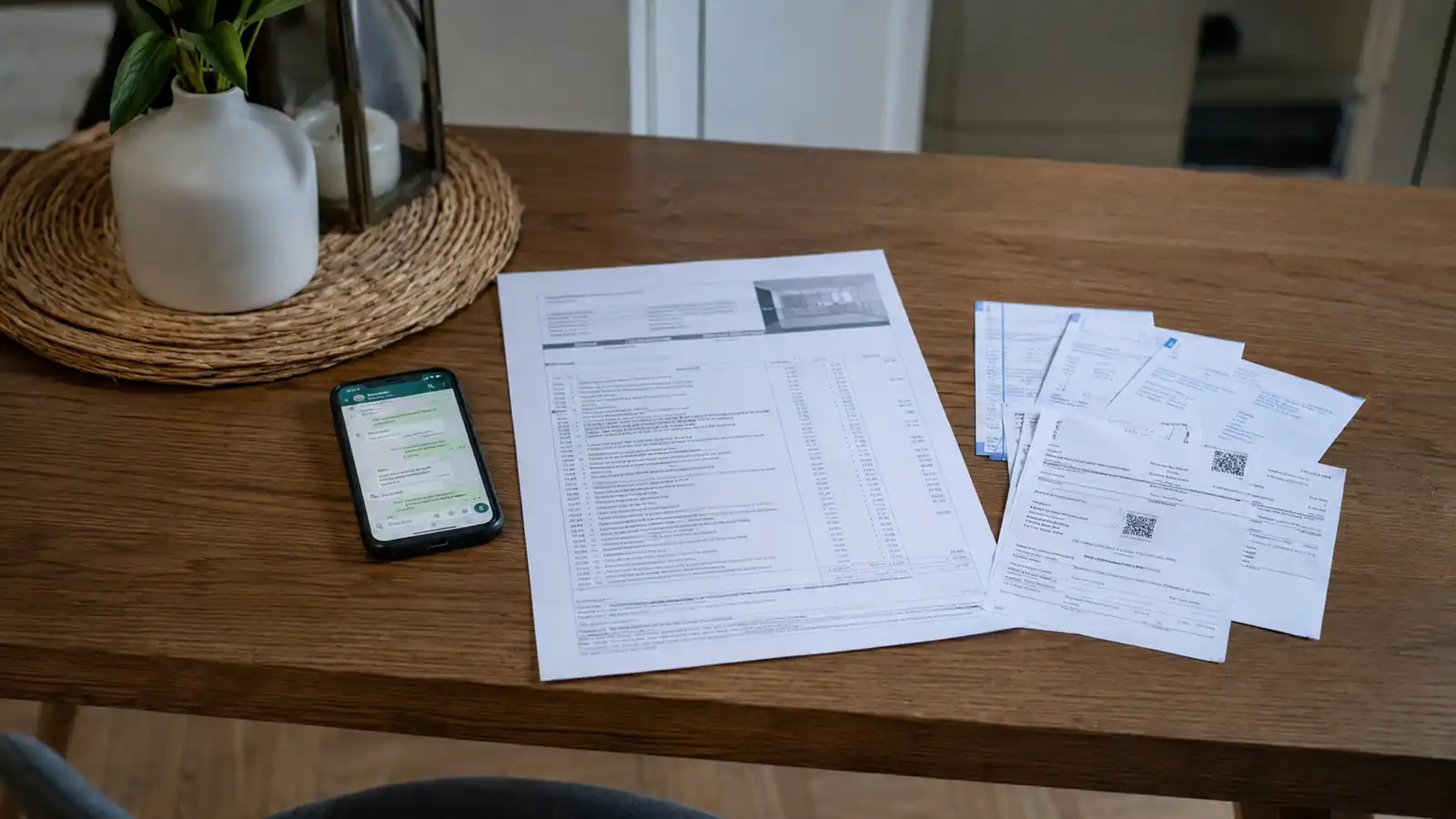Tavolo di casa con smartphone aperto su una chat di messaggi con l'impresa, accanto a un preventivo stampato e ricevute di bonifico