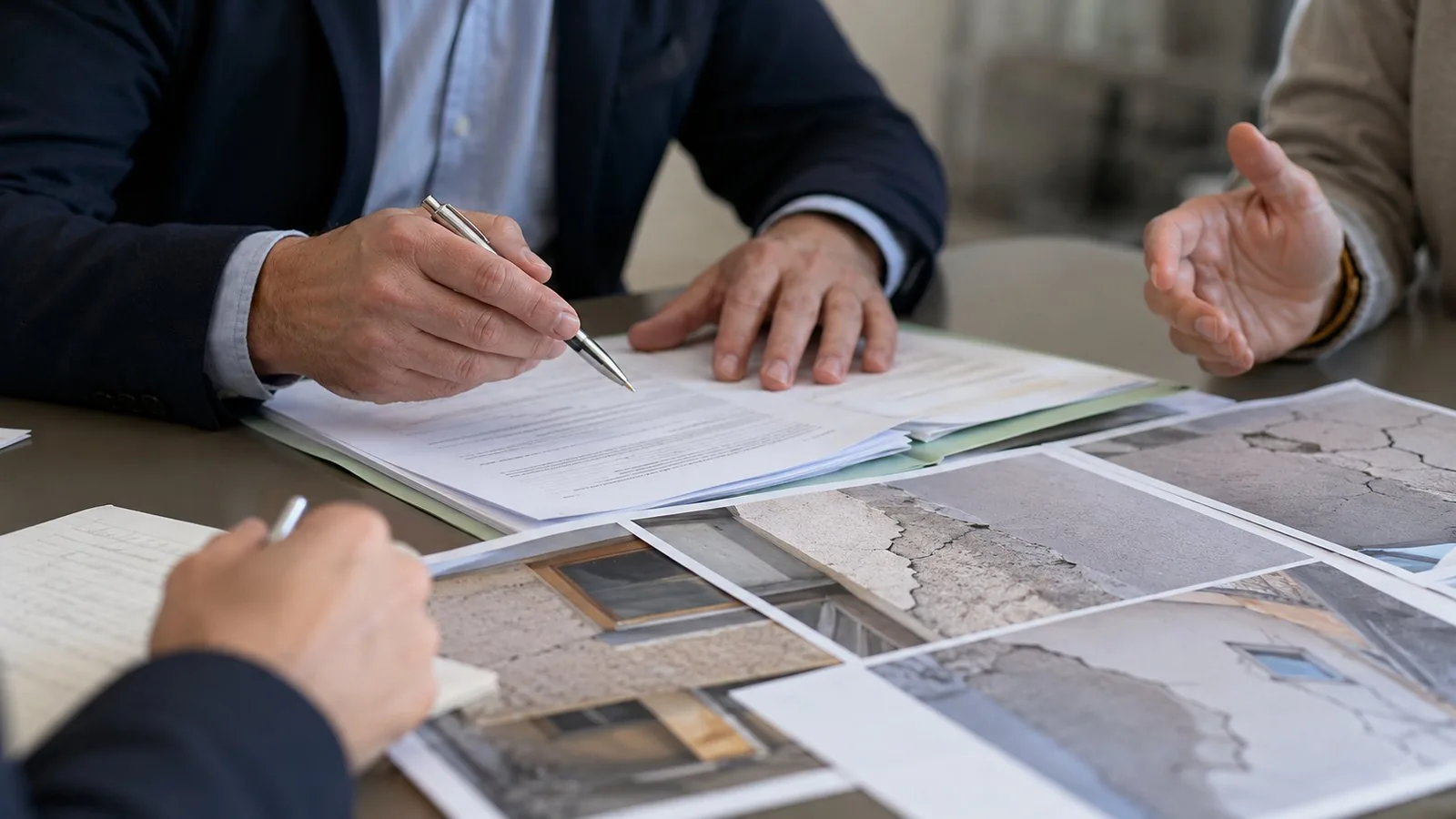 Verbale di mediazione sul tavolo con la relazione tecnica di parte e le fotografie dei difetti