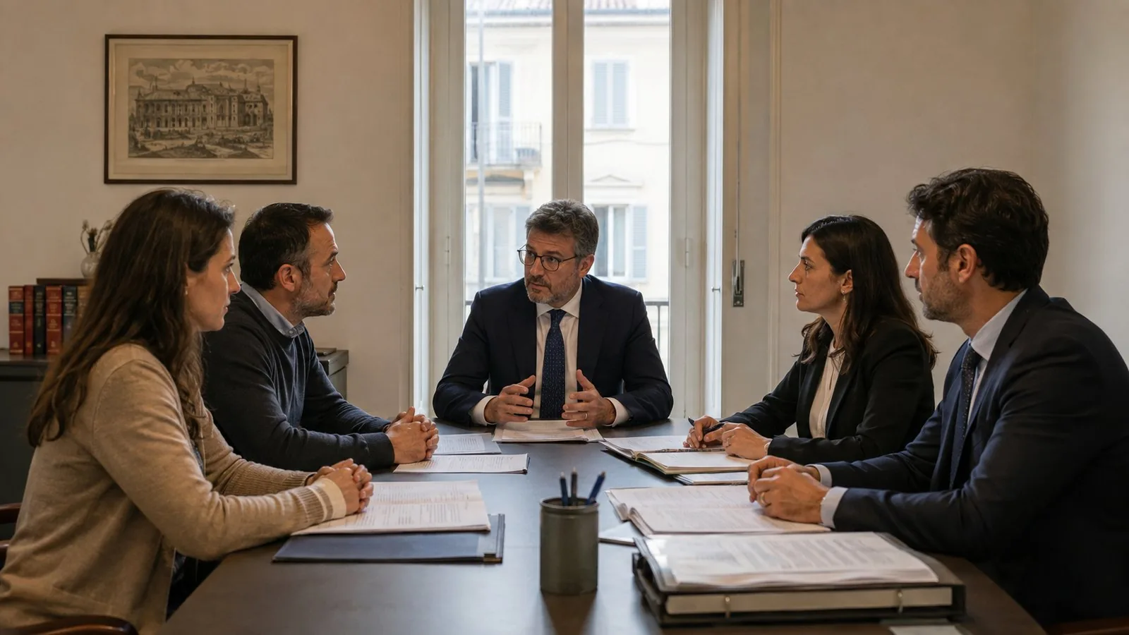 Tavolo di mediazione con due parti sedute ai lati, i rispettivi avvocati e il mediatore al centro