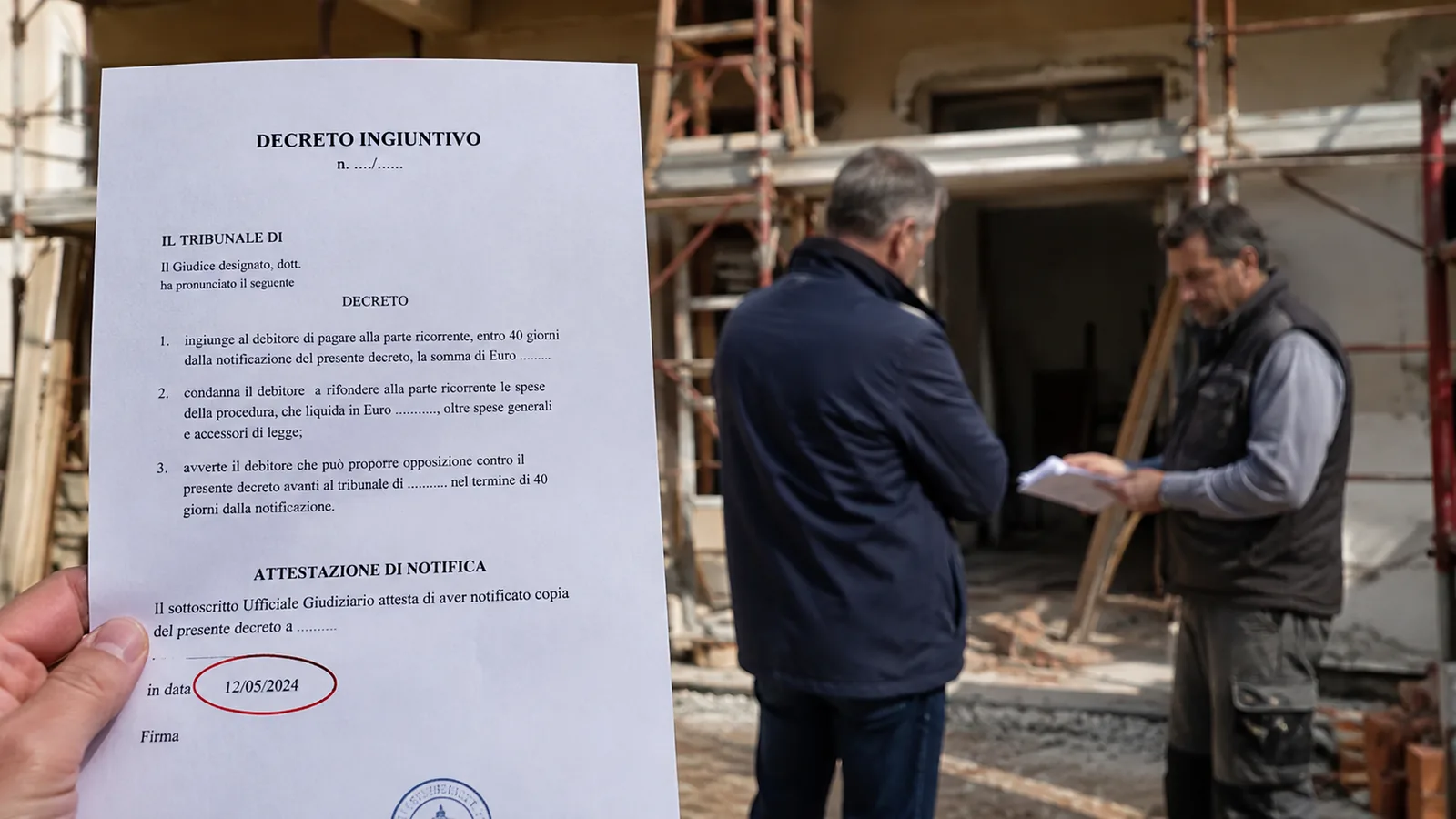 Decreto ingiuntivo notificato, con la data di notifica cerchiata