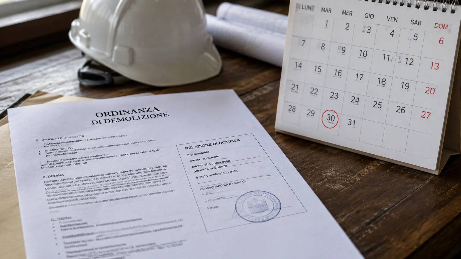Ordinanza comunale di demolizione con la relata di notifica in evidenza, accanto a un calendario