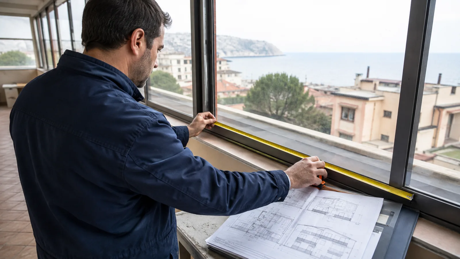 Tecnico che misura una veranda chiusa confrontando il rilievo con i grafici allegati al permesso di costruire