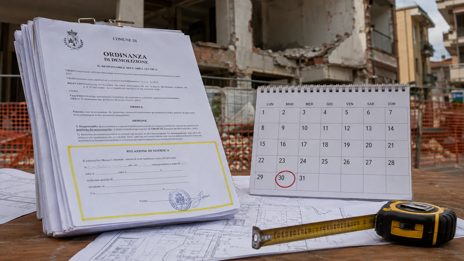 Ordinanza comunale di demolizione con la relata di notifica in evidenza, accanto a un calendario