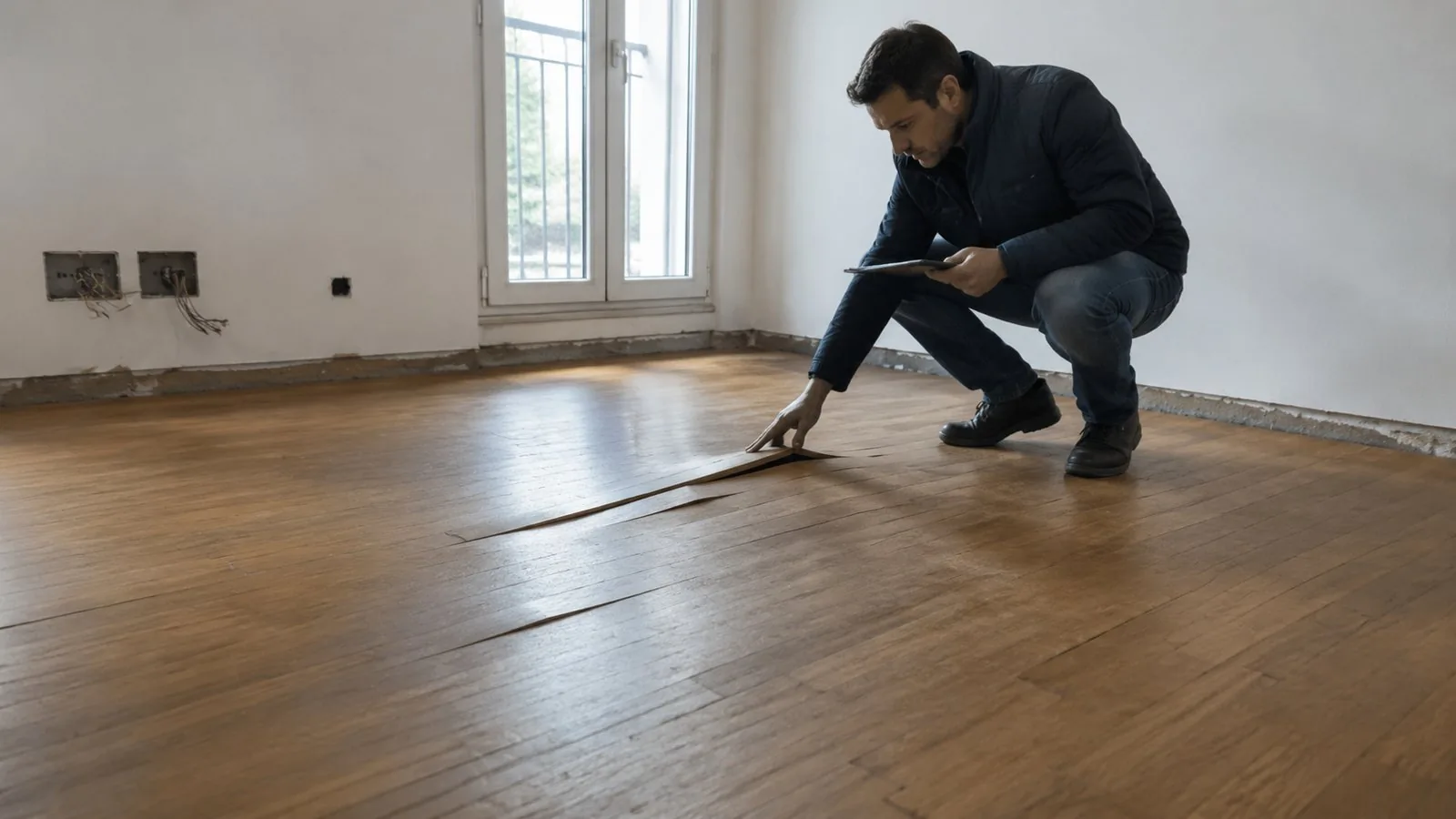 Doghe di parquet sollevate al centro della stanza con fughe aperte e battiscopa staccato