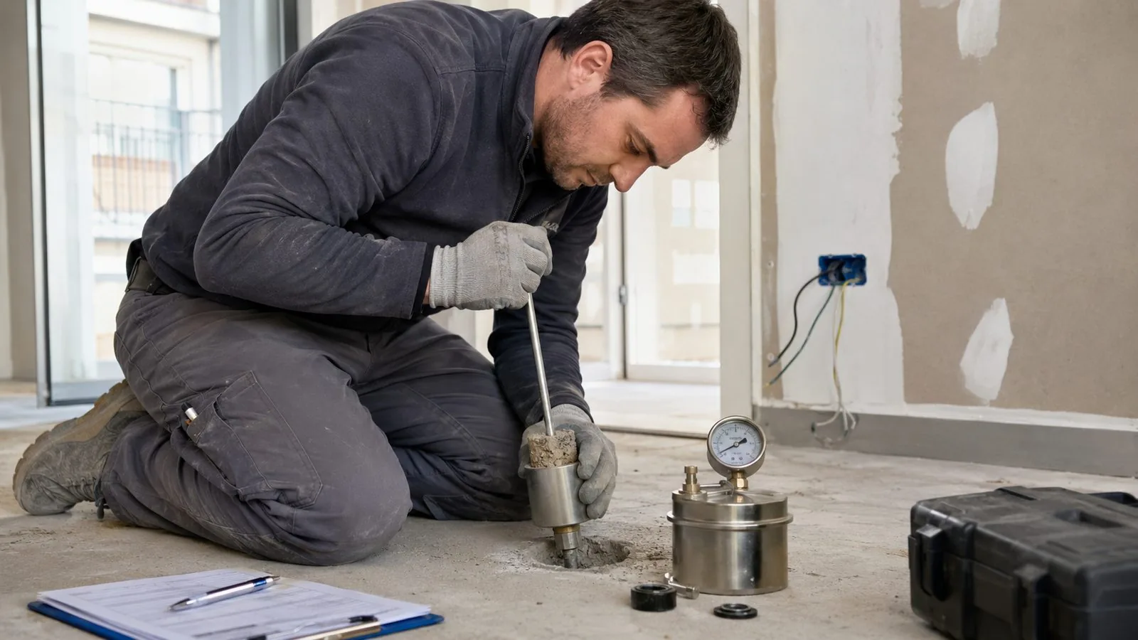 Tecnico che preleva un campione di massetto per la prova dell'umidità con il metodo al carburo di calcio