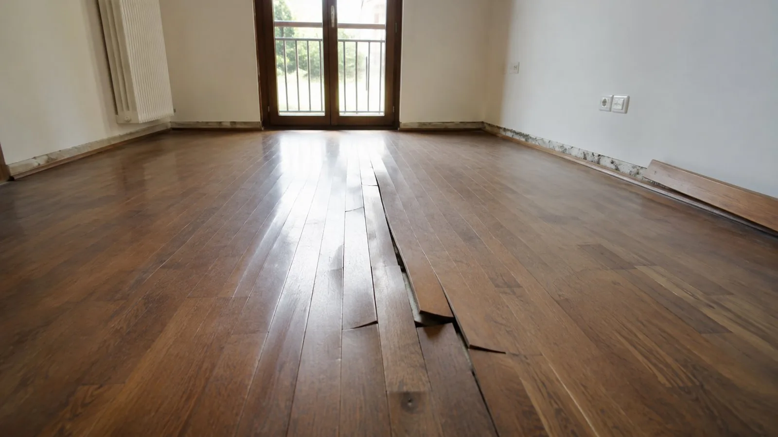 Doghe di parquet sollevate al centro della stanza con fughe aperte e battiscopa staccato