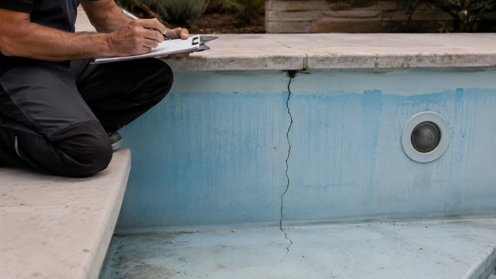 Piscina interrata in cemento armato con fessurazione verticale sulla parete