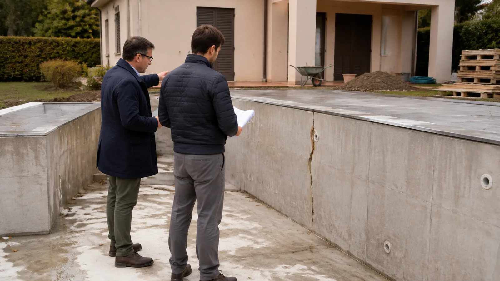 Piscina interrata in cemento armato con fessurazione verticale sulla parete