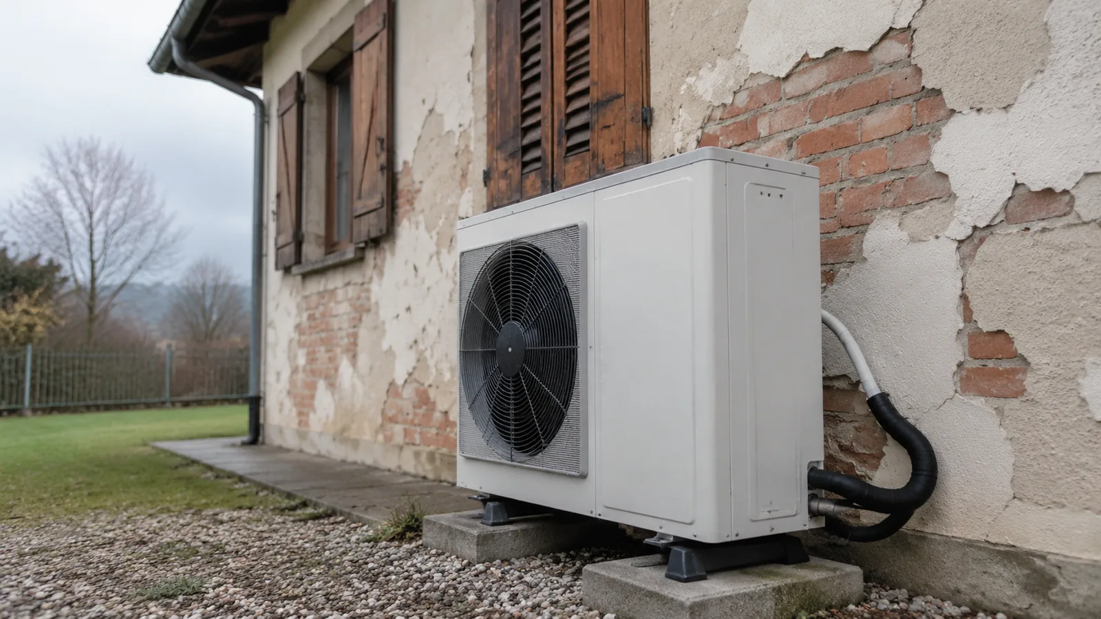 Unità esterna di pompa di calore installata accanto a una villetta non isolata